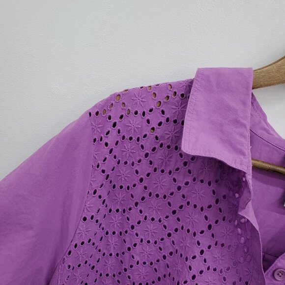 Catherines Womens Purple Eyelet Button Up Shirt Top Plus Size 1X Roll Tab Sleeve - Picture 9 of 14